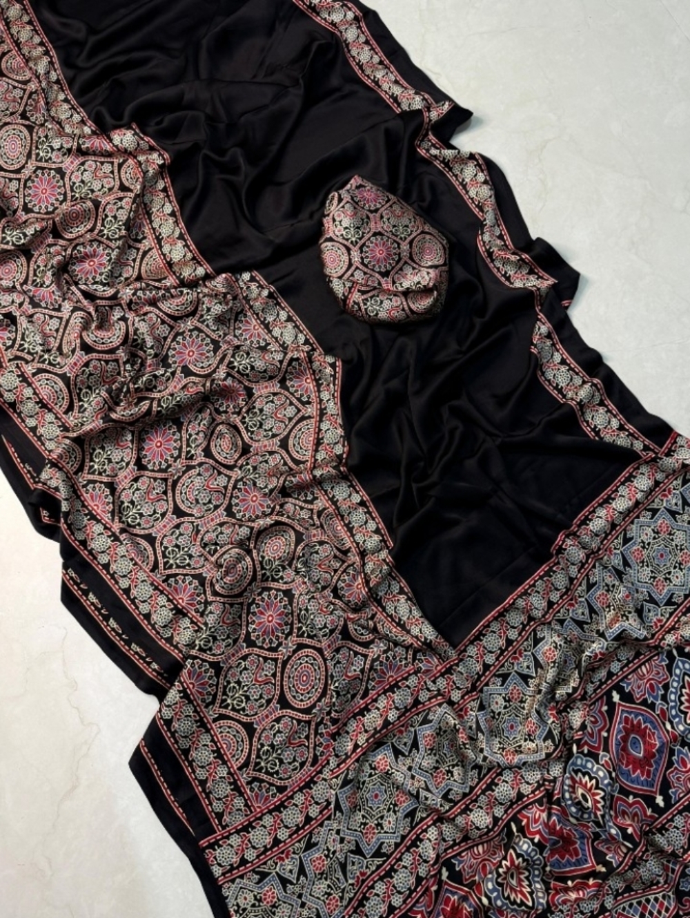 Black Ajrakh Light Weight Satin Silk Saree